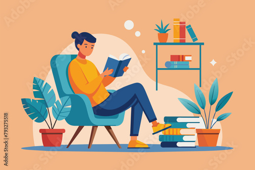 A man sitting in a chair, engrossed in reading a book, Reading a book in a chair, Simple and minimalist flat Vector Illustration