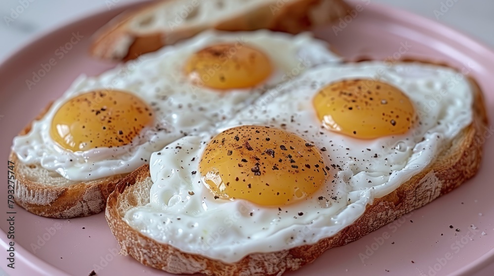 A pink plate holds three fried eggs atop a slice of bread Another slice of bread lies nearby A pink plate holds three fried eggs atop a slice of bread Another slice of bread lies nearby