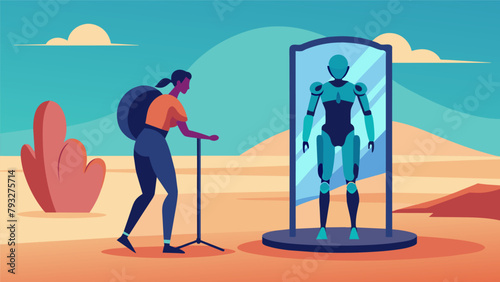 On a deserted beach a person stands in front of a mirror adjusting the ss on a futuristiclooking exoskeleton that promises to enhance their physical.