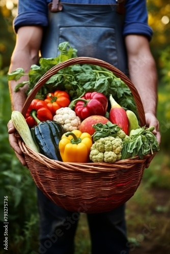 Farmer with a basket of vegetables in his hands Generative AI © ShPRoman