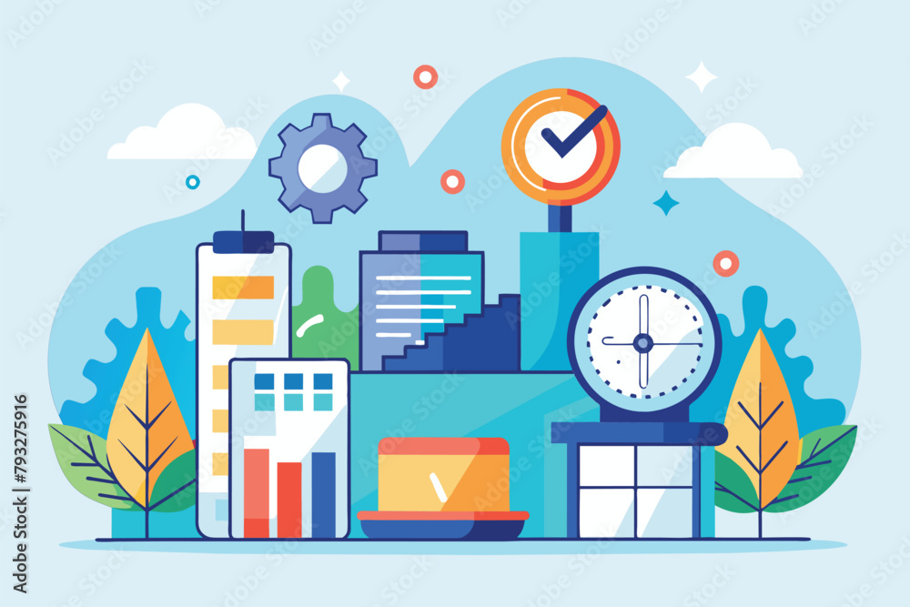 A city skyline featuring a prominent clock tower surrounded by buildings and streets, realistic business, Simple and minimalist flat Vector Illustration