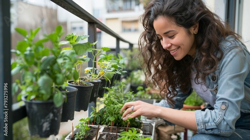 woman planting herbs on a small balcony apartment garden  