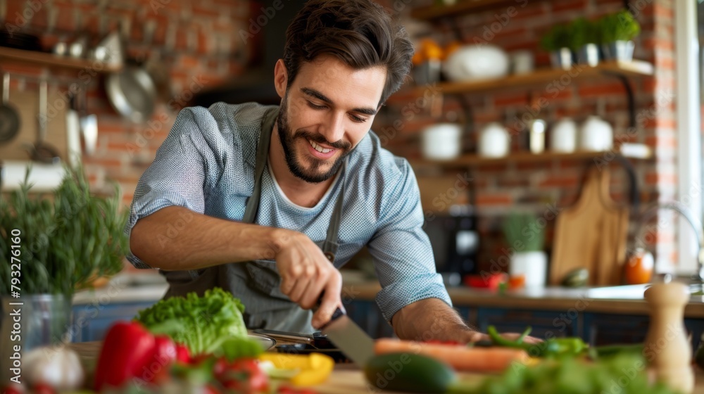 A man cutting vegetables in a kitchen with other people around, AI A man cutting vegetables in a kitchen with other people around, AI