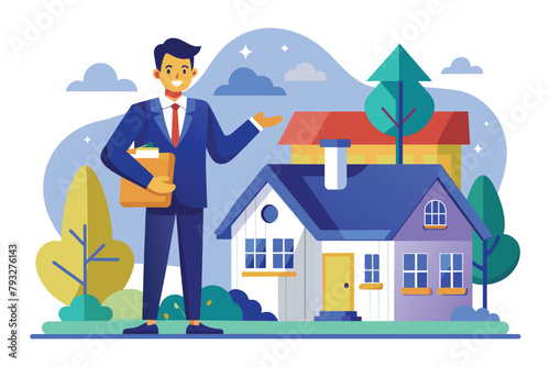 A man is standing in front of a house, Realtor offer homes to buyers, Simple and minimalist flat Vector Illustration