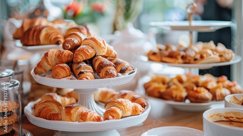 Set of coffee break in the hotel during conference meeting, with tea and coffee catering, decorated catering banquet table with variety of different pastry and bakery, with croissants cookies photo