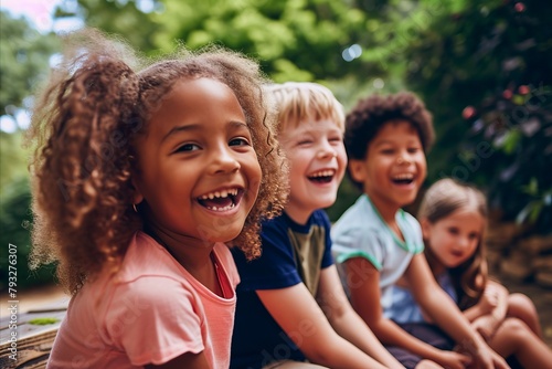 Portrait of happy group of multiethnic children looking at camera and smiling while sitting outdoors