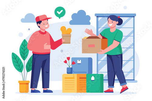 A man handing a woman a box filled with food items, Receive goods from the delivery service trending, Simple and minimalist flat Vector Illustration