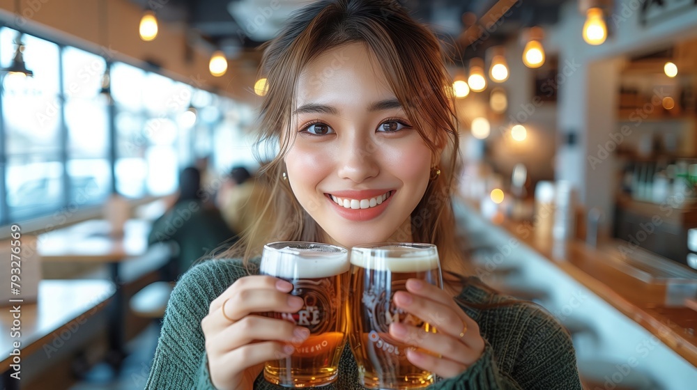 Happy woman holding two glasses of beer at a restaurant