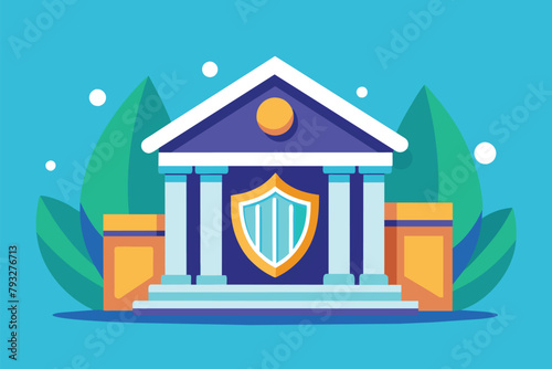 A house displaying a shield on its roof, symbolizing security for a bank, regarding bank security, Simple and minimalist flat Vector Illustration