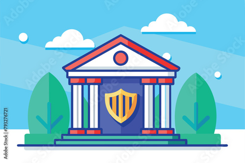 A building with a flag on top, representing a banking institutions security measures, regarding bank security, Simple and minimalist flat Vector Illustration