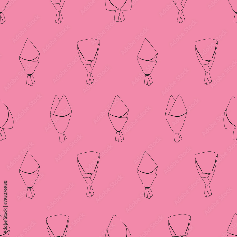 Pink creative pattern with line bouquetes drawing. Seamless pattern with empty wrapping craft paper for bouquetes. Vector set with floral pack. Flower gift paper. Flat illustration

