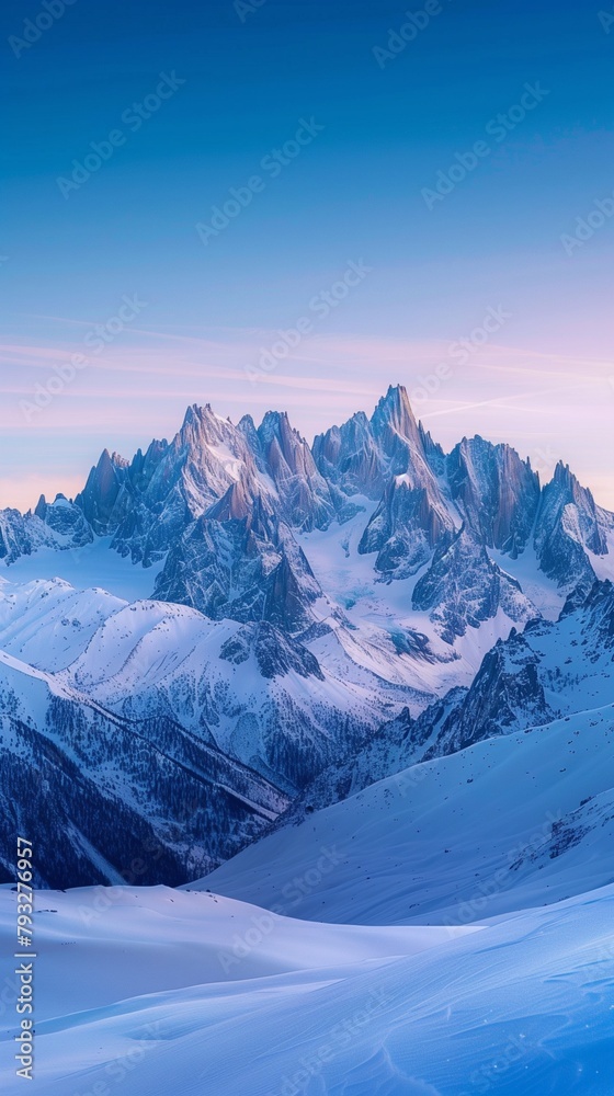 Majestic Snow-Covered Peaks Under a Crisp Blue Sky, Bathed in the Golden Glow of Sunrise
