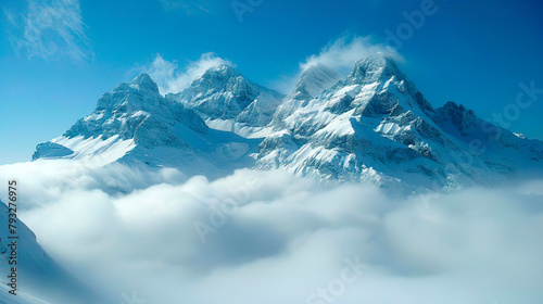 Amazing view f the snowy peaks of the mountain above the low clouds. Nature travel adventure climbing hiking concept. photo