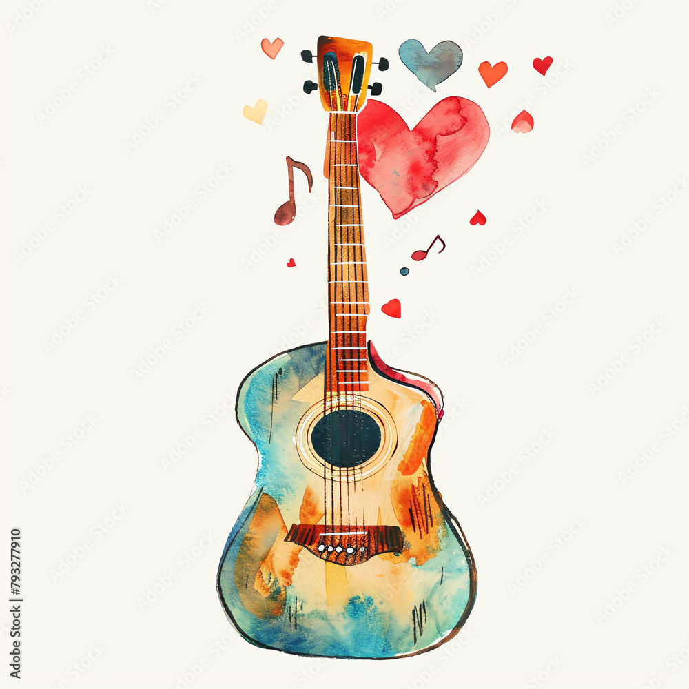 Minimalistic watercolor illustration of a guitar on a white background, cute and comical.
