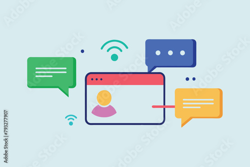 Person interacting with speech bubbles on screen for remote communication using minimalistic design, Remote message communication, Simple and minimalist flat Vector Illustration