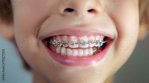 A young child with a bright smile showcasing braces  captured in a close-up photo.