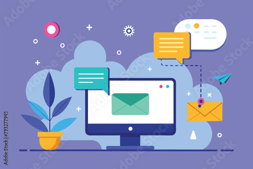 A computer screen showing a message bubble above it, representing remote communication, Remote message communication, Simple and minimalist flat Vector Illustration
