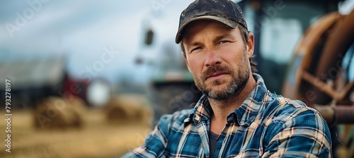 Rural Life: Farmer Working in Field with Tractor, Agricultural Scene with Blue Sky Background, Concept of Farming and Harvesting photo