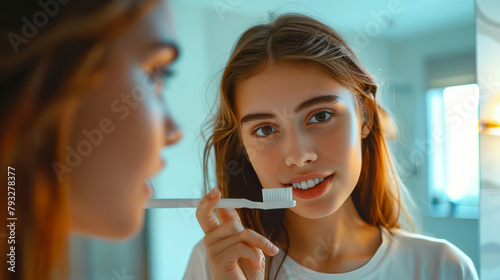 A Close-up of a Young Person Brushing Teeth with a Blue Toothbrush