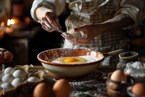 baker cracking eggs cooking