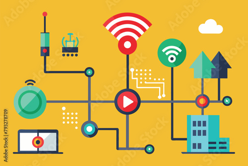 Assorted objects displayed on a vibrant yellow backdrop in a random arrangement, repair network no signal, Simple and minimalist flat Vector Illustration