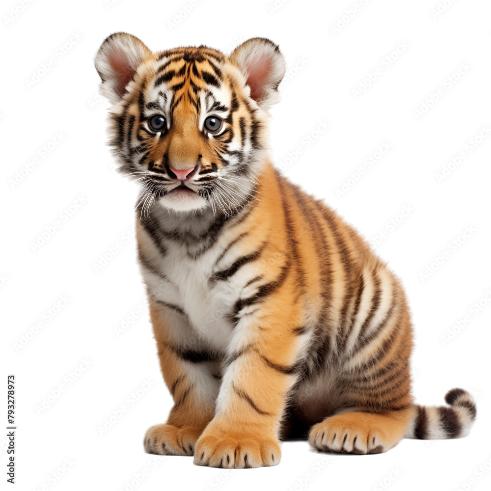 A cute baby tiger on a white background studio shot isolated PNG