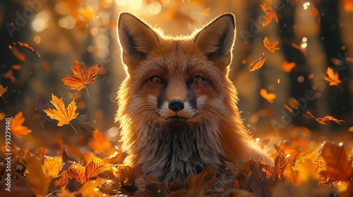Carnivore fox with fur sits in leaves, closeup view in natural woods habitat