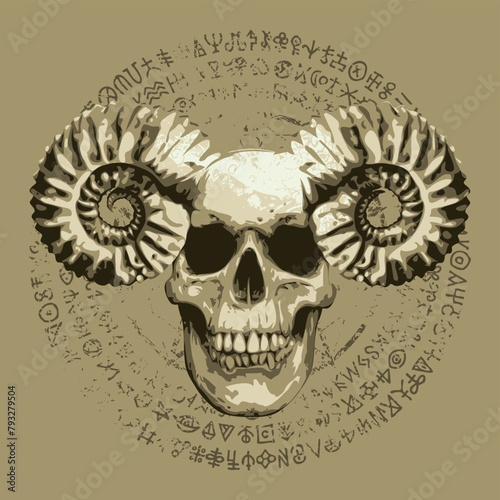 Vector illustration with human skull with horns ram, pentagram, occult and witchcraft signs in grunge style. The symbol of Satanism Baphomet and magic runes written in a circle.