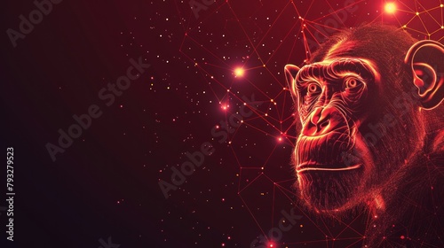 Monkey chimpanzee from futuristic polygonal red lines and glowing stars for banner AI generated