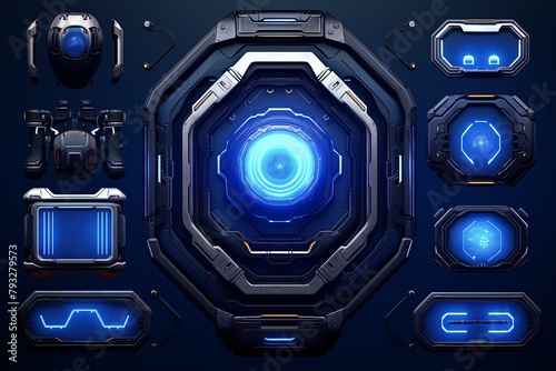 Dark Blue Glowing Designs: Sci-Fi Game UI Elements Collection