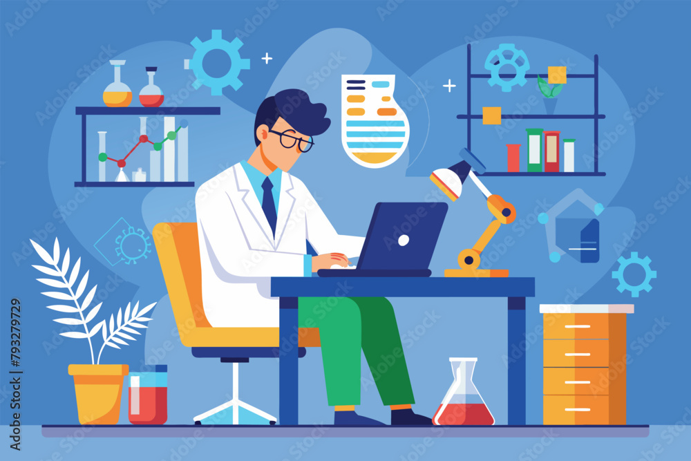 Fototapeta premium A man in a lab coat sitting at a desk, focused on working on a laptop, Researcher analyzing data in the lab, Simple and minimalist flat Vector Illustration