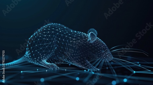 Mouse made from points and lines on dark blue background, rodent wireframe mesh polygonal AI generated