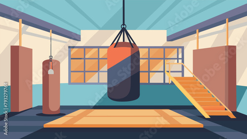 A loft studio with high ceilings and natural lighting featuring a suspended boxing bag aerial silks and a foam pit for safe acrobatic training.