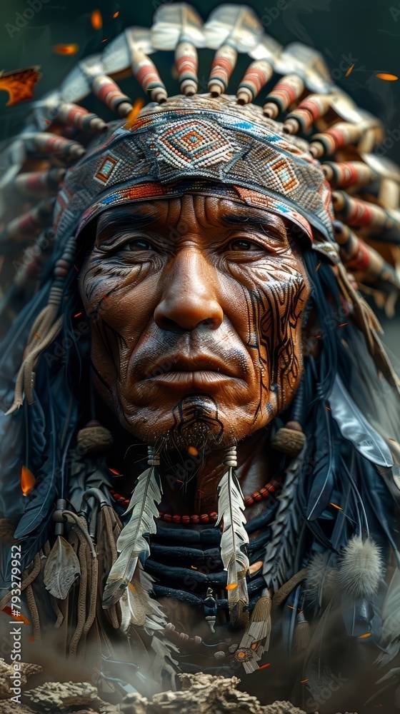 Indigenous Tribal Man with Traditional Face Paint and Attire