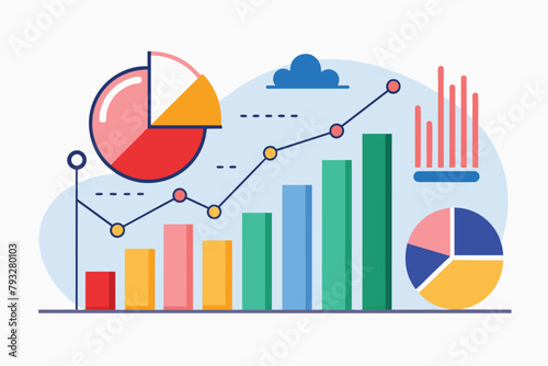 Bar Chart With Pie Chart Overlay, research statistical data on company performance indicators, Simple and minimalist flat Vector Illustration