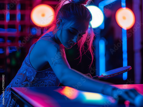 Jeune femme concentrée durant un match de ping pong, tennis de table, lumière vive et couleurs vaporwave photo