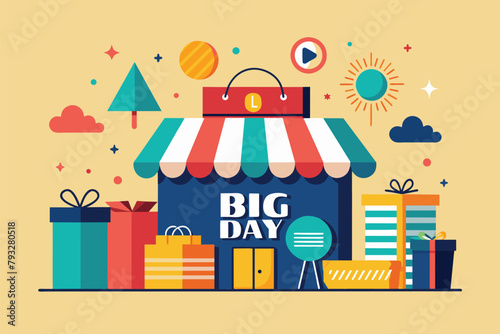 A busy scene with numerous presents being exchanged and unwrapped on a special occasion, Retail big day sale and giveaway, Simple and minimalist flat Vector Illustration