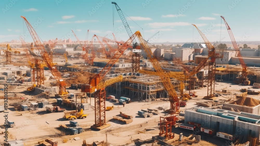 Large construction site including several cranes