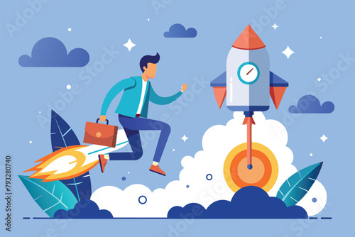 Man Flying Next to Rocket, Right time to launch a business concept, Simple and minimalist flat Vector Illustration