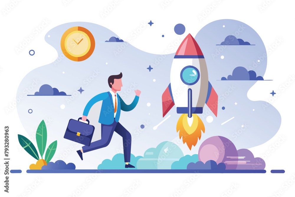 A man in a suit sprinting towards a rocket ready for launch, Right time to launch a business concept, Simple and minimalist flat Vector Illustration