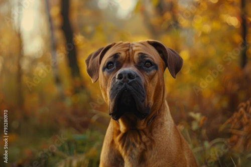 a brown dog is sitting in the grass in the woods looking at the camera