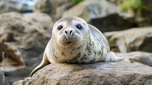 spotted seal lying on a rock with a curious expression.
