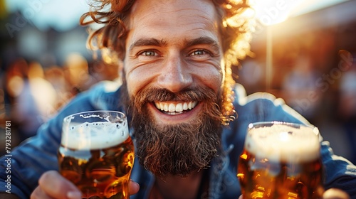 A man with a beard is smiling while holding two beer mugs