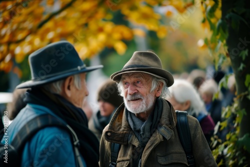 Old man in hat and coat walking in autumn park. Portrait of an elderly man with a gray beard.
