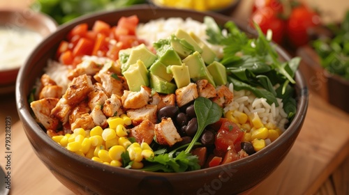 Delicious lunch awaits with a homemade Mexican chicken burrito bowl brimming with rice beans corn tomato avocado and spinach Dive into a satisfying taco salad lunch bowl