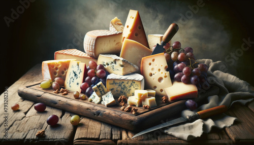 cheese assorted, grapes and nuts on a wooden cutting board on a rustic table, still life