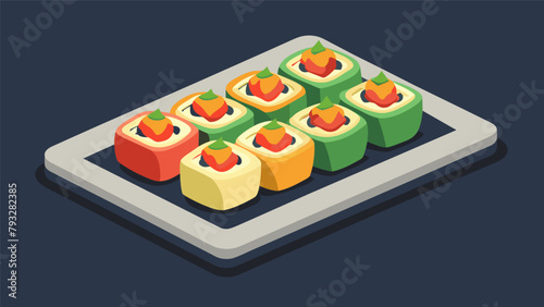 A tray of bitesized vegan sushi rolls filled with colorful vegetables and topped with a creamy miso dressing..