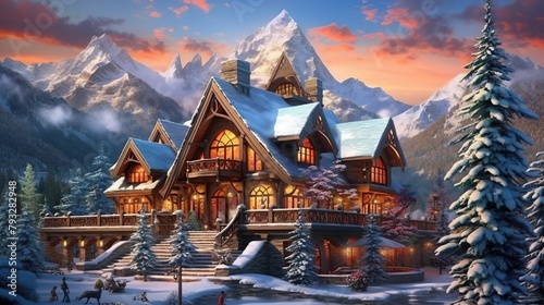 Immerse yourself in the enchantment of winter with this breathtaking 3D illustration featuring an exquisite winter chalet nestled in a snow - kissed paradise photo