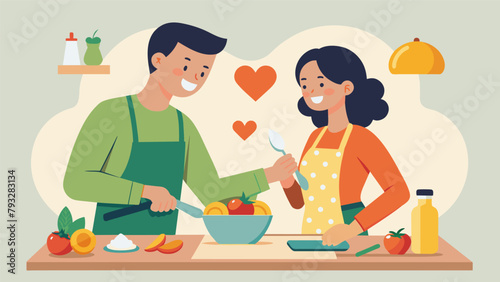 A couple exchanging excited glances as they chop vegetables together for their first meal surrounded by rustic kitchen decor and heartshaped
