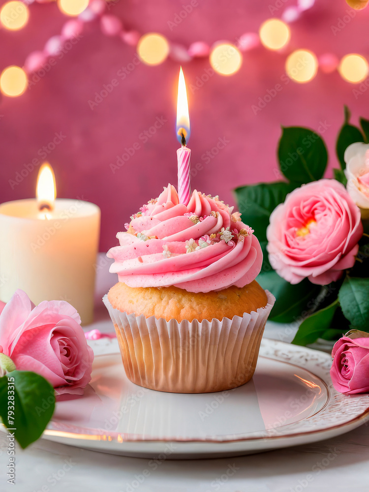Happy birthday pink cupcake with burning candle, flowers and festive garlands in the background